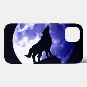 iPhone 13 Case Silhouette Wolf hurlante et nuit bleue Fullmoon