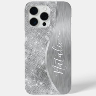 Coque iPhone 15 Pro Max Silver Glitter Glam Bling Personalized