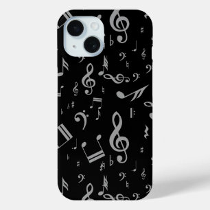Coque Pour iPhone 15 Silver Grey Notes musicales sur Black