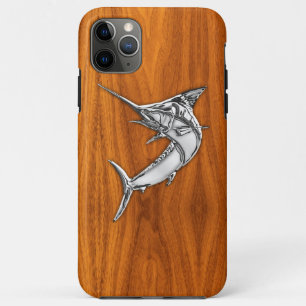Coque iPhone 11 Pro Max Silver Marlin on Teak Wood Grain decor