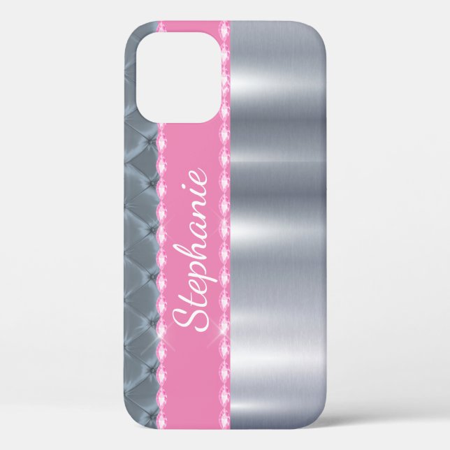Coques Case-Mate iPhone Silver Metallic Bling Nom Pink (Verso)
