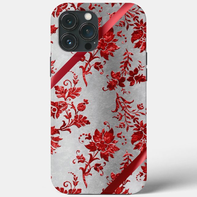 Coques Case-Mate iPhone Silver Metallic Rouge Ribbon Damask Holiday (Verso)