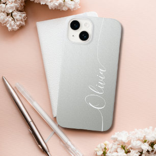 Coque Pour iPhone 14 Silver Shimmer Élégant Calligraphie Nom du script