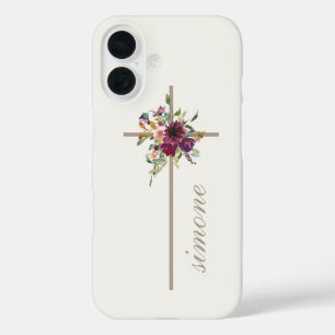 Coque Pour iPhone 16 Simple Cross Burgundy Floral Nom personnalisé