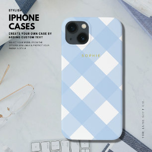 iPhone 13 Coque Simple Joli classique bleu En vichy or Monogramme