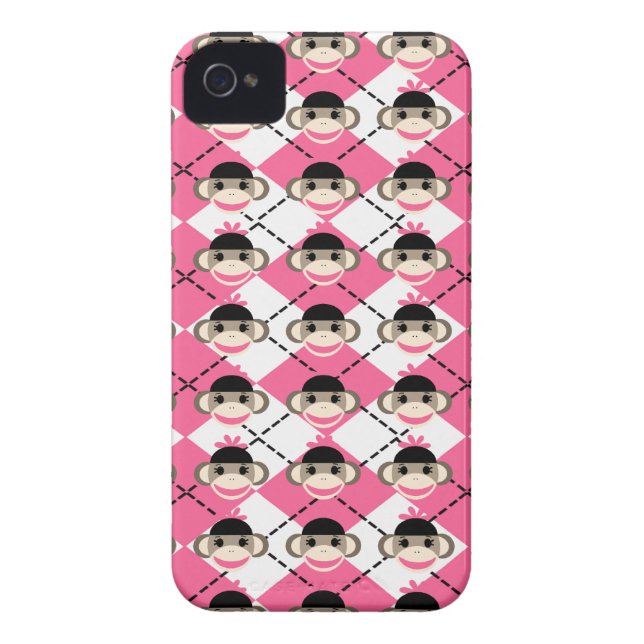 Coques Case-Mate iPhone Singes roses sur Diamant Jacquard rose blanc (Dos)