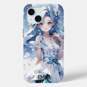 Coque Pour iPhone 15 Sirène avec cheveux bleus dans une robe bleue Nom 