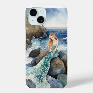 Coque Pour iPhone 15 Sirène D'Aquarelle Sur Les Rochers Océaniques