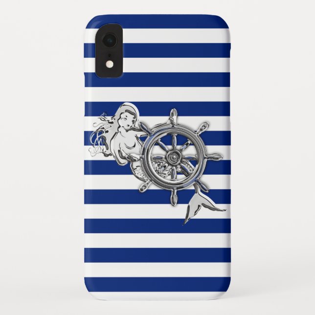 Coques Case-Mate iPhone Sirène d'argent sur les rayures marines (Dos)