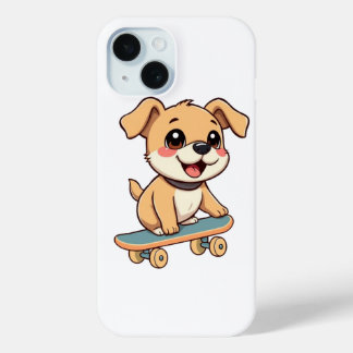 Coque Pour iPhone 15 Skateboarding Puppy 🛹 Cute Dog Cartoon T-Shirt De