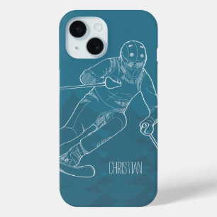 Coque Pour iPhone 15 Skier personnalisé dessin sur bleu