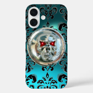 Coque Pour iPhone 16 SKULS RIDERS TURQUOISE BLUE DAMASK GEM Aquamarine