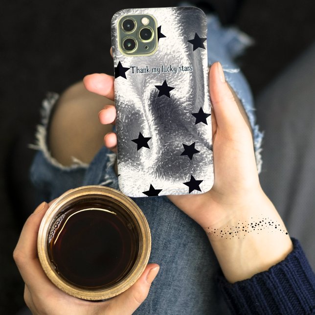 Coques Case-Mate iPhone Sleek "Merci mes vedettes chanceuses" Silver Black (Trendy sleek silver gray cell phone case with simple black stars for elegant wow factor!)