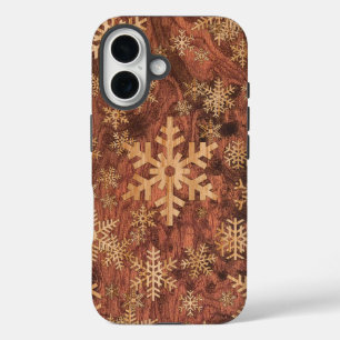 Coque Pour iPhone 16 Snowflakes Inlay en bois Décor d'impression graphi