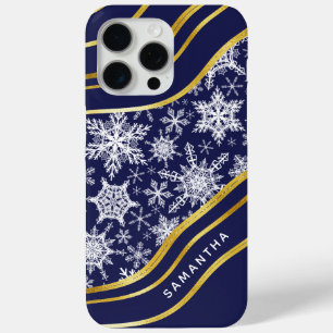 Coque iPhone 15 Pro Max Snowflakes Monogramme en or bleu de la Marine de N