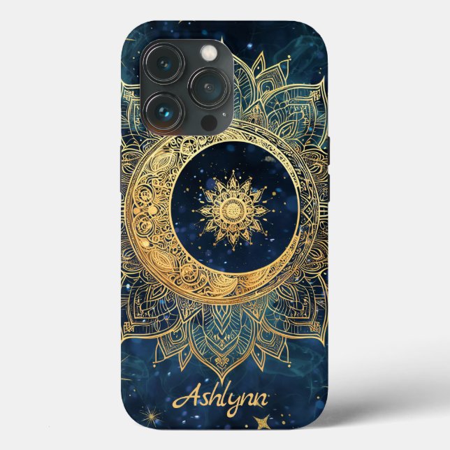 Coques Case-Mate iPhone Soleil bleu céleste d'or personnalisé Mandala (Verso)