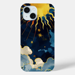 Coque Pour iPhone 15 Soleil Céleste Moderne Étoiles et Nuages Bleus