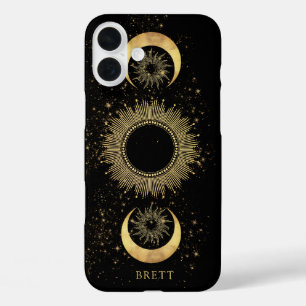 Coques iPhone 16 Plus Soleil céleste personnalisé étoiles Lune Noir Or