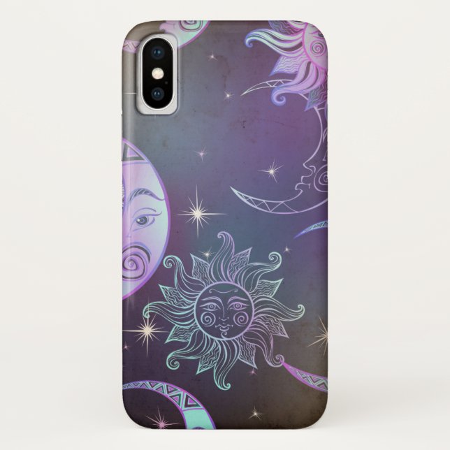 Coques Case-Mate iPhone Soleil dessiné à la main stylisé face étoiles viol (Dos)