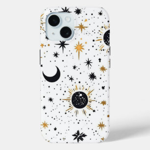 Coque Pour iPhone 15 Soleil Lune Étoiles Noir et Or
