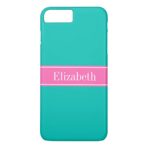 Coque iPhone 7 Plus Solid Teal, Hot Pink #2 Ribbon Nom monogram