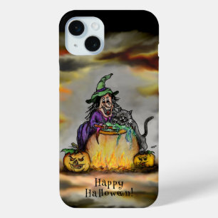 Coque iPhone 15 Mini Sorcière et chat noir, Happy Halloween !