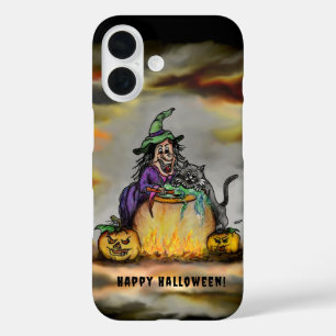 Coque Pour iPhone 16 Sorcière et chat noir, Happy Halloween !