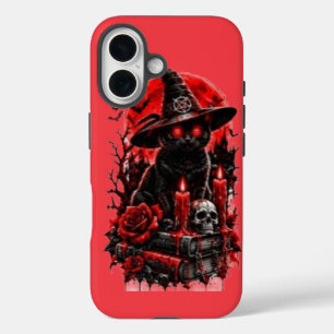 Coque Pour iPhone 16 Sorcière gothique chat noir Halloween crâne bougie