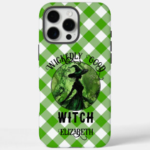 Coques iPhone 16 Pro Max Sorcière vert gingham personnalisé terriblement bo