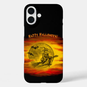 Coques iPhone 16 Plus Sorcière volante avec chat noir, nuit halloween