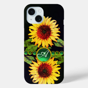 COQUE POUR iPhone 15 SOUFFLE, EMERALD GREEN GEMSTONES MONOGRAMME FLORAL