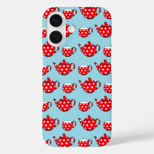 Coque Pour iPhone 16 Spotty Red Teapot et tasses Motif bleu
