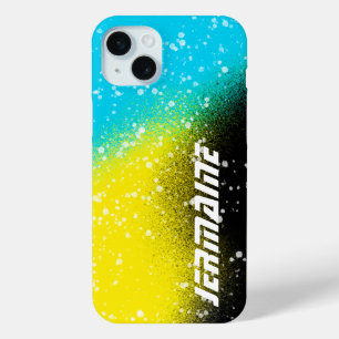 Coque iPhone 15 Mini Spray Peinture noir Aqua et nom jaune