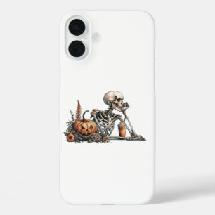 Coques iPhone 16 Plus Squelette avec citrouille et boire. Halloween