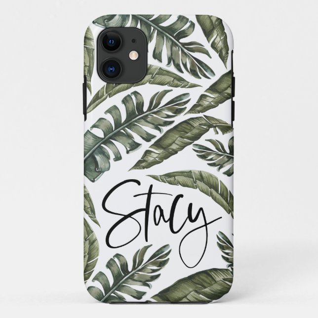 Coques Case-Mate iPhone Stacy de nom personnalisé de la feuille tropicale (Dos)