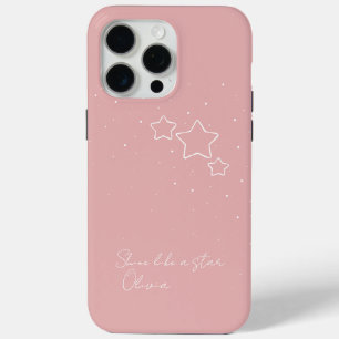 Coque iPhone 15 Pro Max Star Trio en rose et blanc avec message et nom