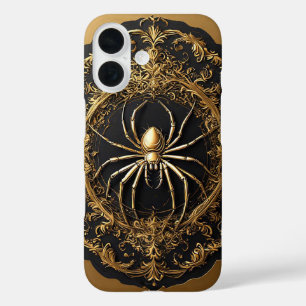 Coque Pour iPhone 16 Statue d'araignée dorée sur design de filigrane or