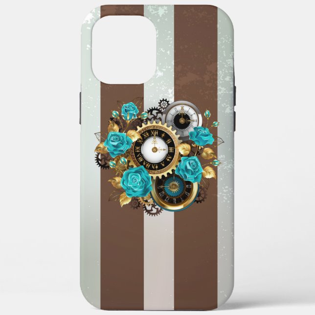 Coques Case-Mate iPhone Steampunk Clock and Turquoise Roses on Striped (Verso)