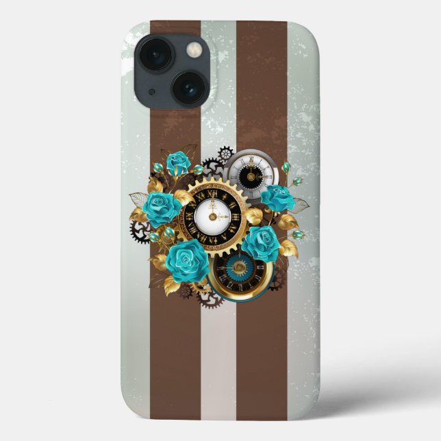Coques Case-Mate iPhone Steampunk Clock and Turquoise Roses on Striped (Verso)