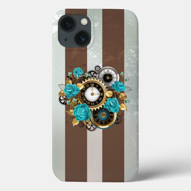 Coques Case-Mate iPhone Steampunk Clock and Turquoise Roses on Striped (Verso)