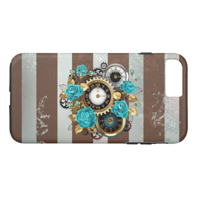 Coques Case-Mate iPhone Steampunk Clock and Turquoise Roses on Striped (Dos (Horizontal))