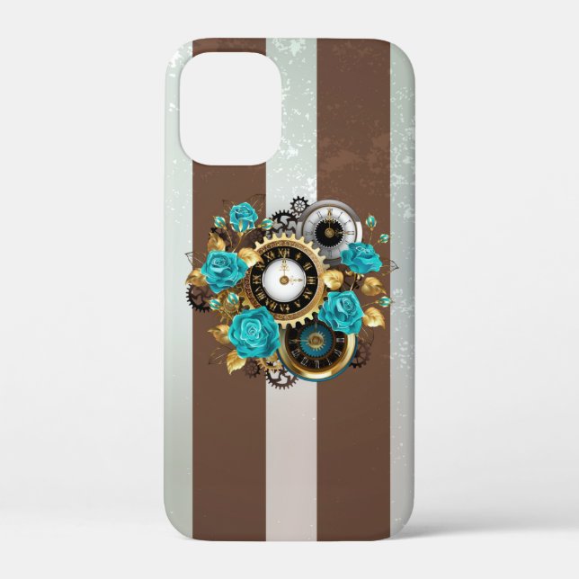Coques Case-Mate iPhone Steampunk Clock and Turquoise Roses on Striped (Verso)