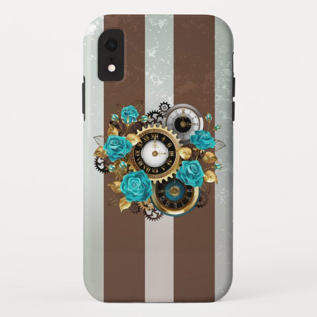 Coques Case-Mate iPhone Steampunk Clock and Turquoise Roses on Striped (Dos)
