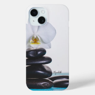 Coque Pour iPhone 15 Stones Zen, Méditation Orchidée Blanche