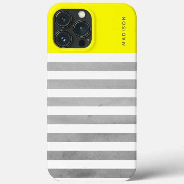 Coques Case-Mate iPhone Stripes horizontales Nom personnalisé jaune et gri (Verso)