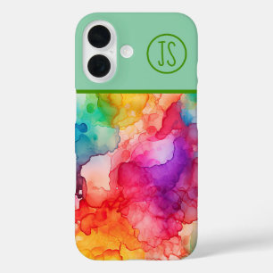 Coque Pour iPhone 16 Style Abstrait d'encre d'alcool Rainbow Monogramme