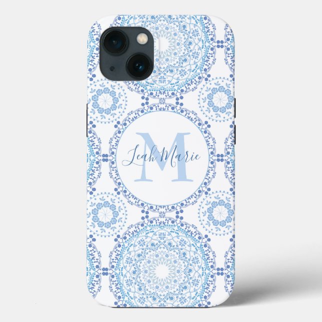 Coques Case-Mate iPhone Style bleu Mandala Monogramme Personnalisé (Verso)