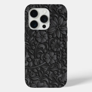 Coque iPhone 15 Pro Style floral noir et gris en relief