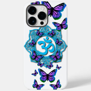 Coque Pour Pour iPhone 14 Pro Max Style mandala bleu ohm avec papillons violets