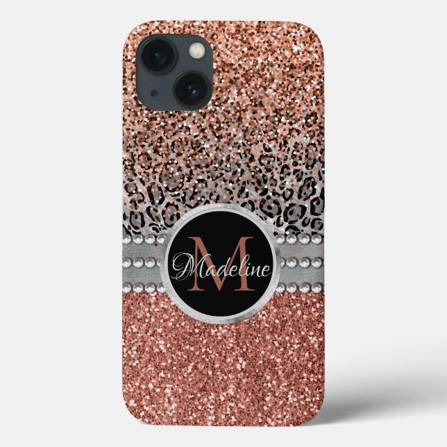 Coques Case-Mate iPhone Stylish Girly Rose Gold Glitter Leopard Monogram (Verso)